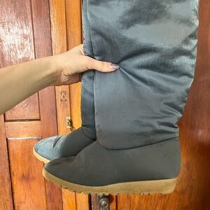 Baby blue Satin-like fabric Boots with Tan Soles